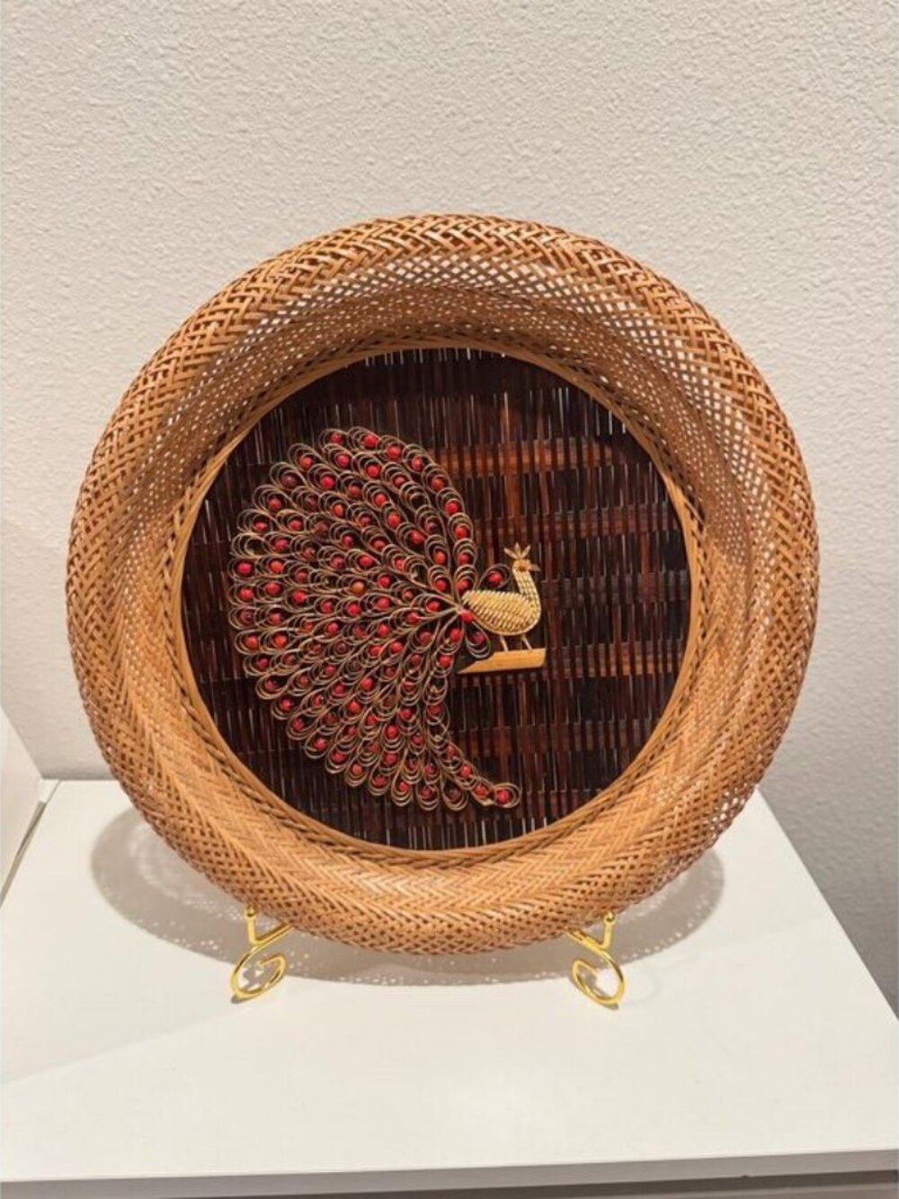 Vintage Bamboo Peacock Wall Decor, Handwoven Woven Basket Tray, Bird Wall Hangin